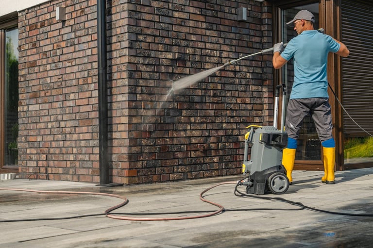 A man in yellow boots and gloves operates a pressure washer, cleaning a brick wall of a commercial building