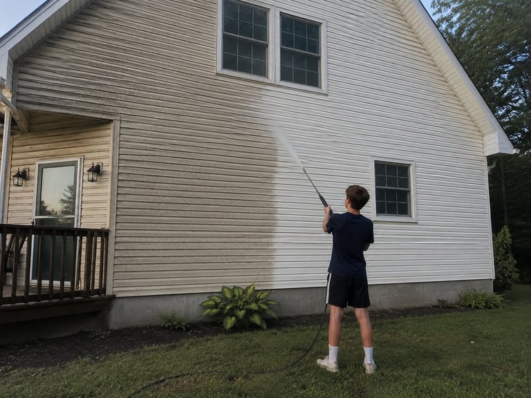 Person in dark clothing standing on grass cleaning the side of a white vinyl-sided two-story house with a long-handled brush