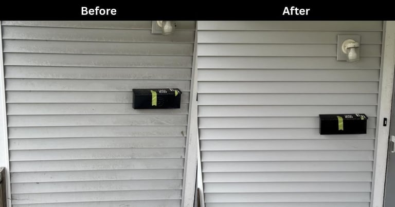 Before and after comparison of a garage door cleaned and restored, showing improved appearance with brighter white siding