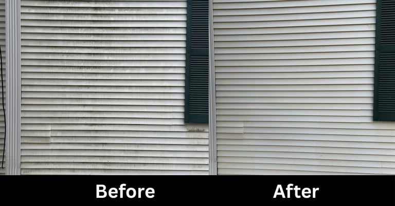 Before and after comparison of house siding cleaning, showing dirty streaked siding on left and clean white siding on right