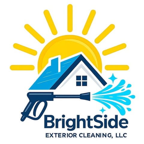 BrightSide Exterior Cleaning LLC logo with bright sun, house with blue roof, and pressure washer spray