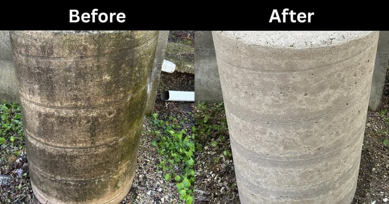 Before and after comparison of a dirty concrete cylinder cleaned to remove moss and algae stains