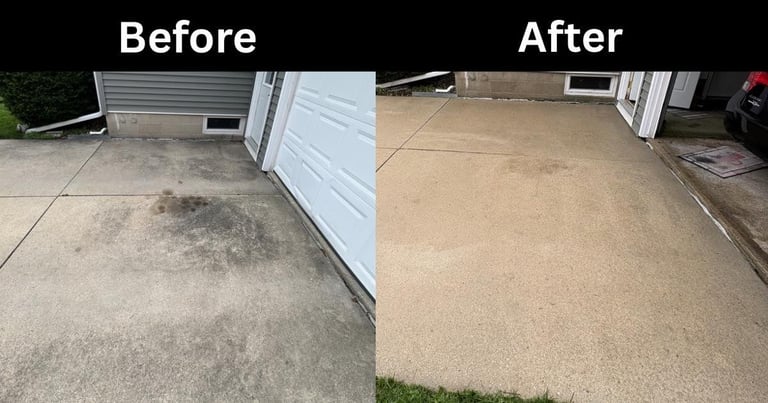 Before and after comparison of driveway cleaning, showing dirty concrete on left and clean driveway on right