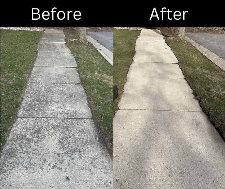 Before and after comparison of a concrete sidewalk cleaned and restored, showing removal of moss, algae, and dirt stains