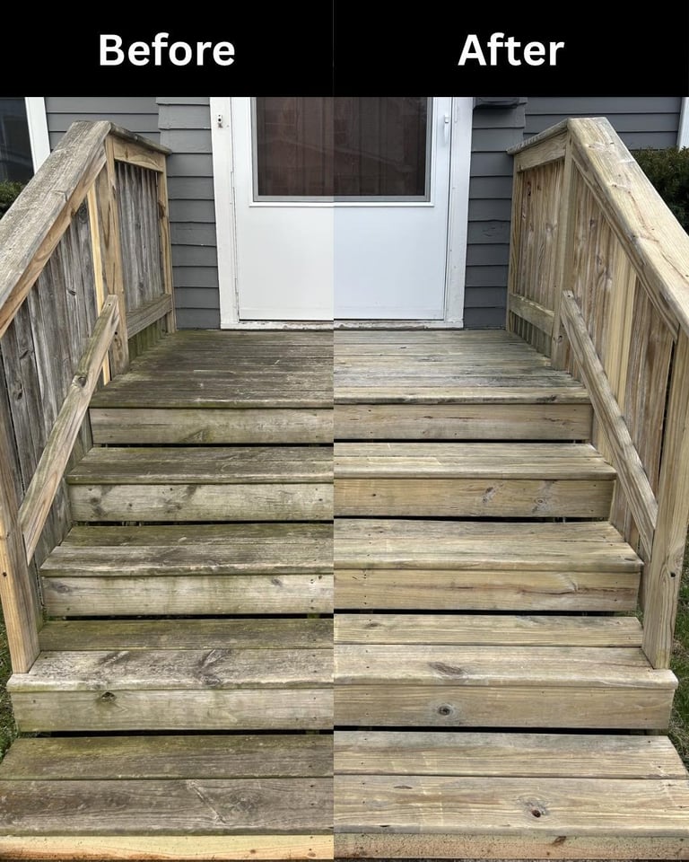 Before and after comparison of wooden deck stairs, left side weathered and dirty, right side cleaned and restored