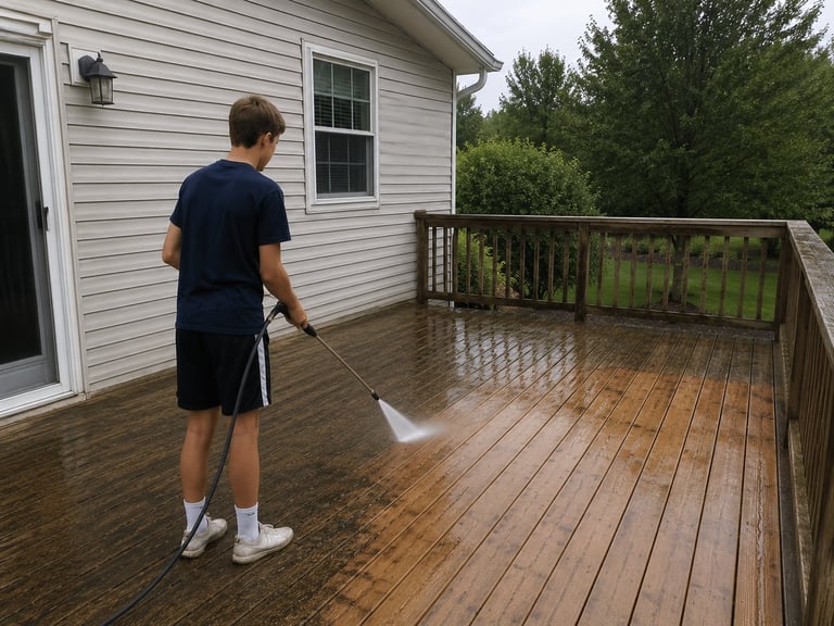 Boy wearing navy shirt and shorts using pressure washer to clean wooden deck attached to house