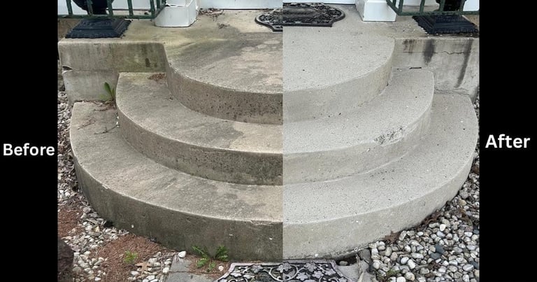 Before and after comparison of concrete circular steps, left side dirty and stained, right side clean and restored