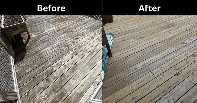 Before and after comparison of a wooden deck, showing weathered gray boards on the left transforming to clean, restored wood on the right