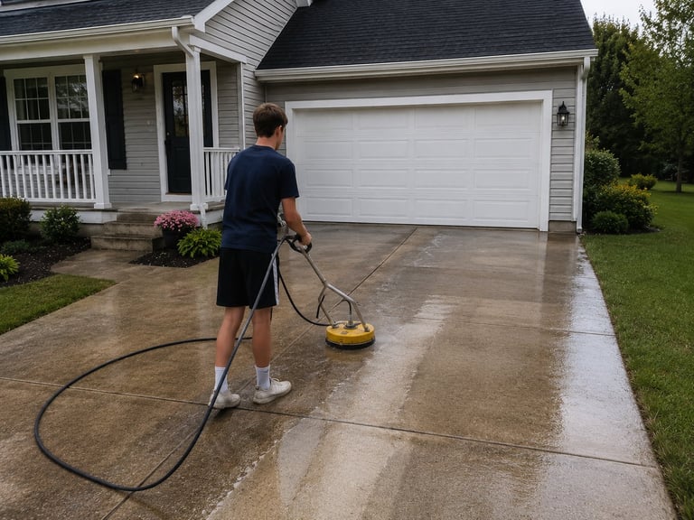 Person pressure washing a residential driveway in front of a two-car garage